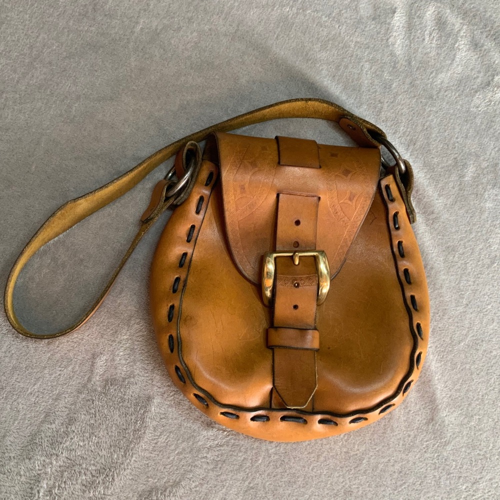 Vintage 1970s Handmade Leather Crossbody Bag Tan Stamped Pattern Anchor Hardware
